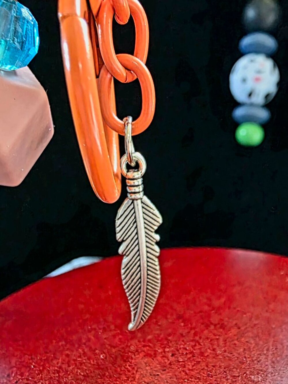 Handcrafted Orange Feather Charm Keychain NEW One of a Kind Fashionable MUST